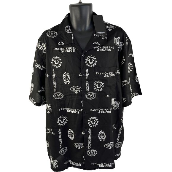 New Mens True Religion Short Sleeve AOP Resort Shirt Size XXL NWT Black Viscose - Picture 7 of 8